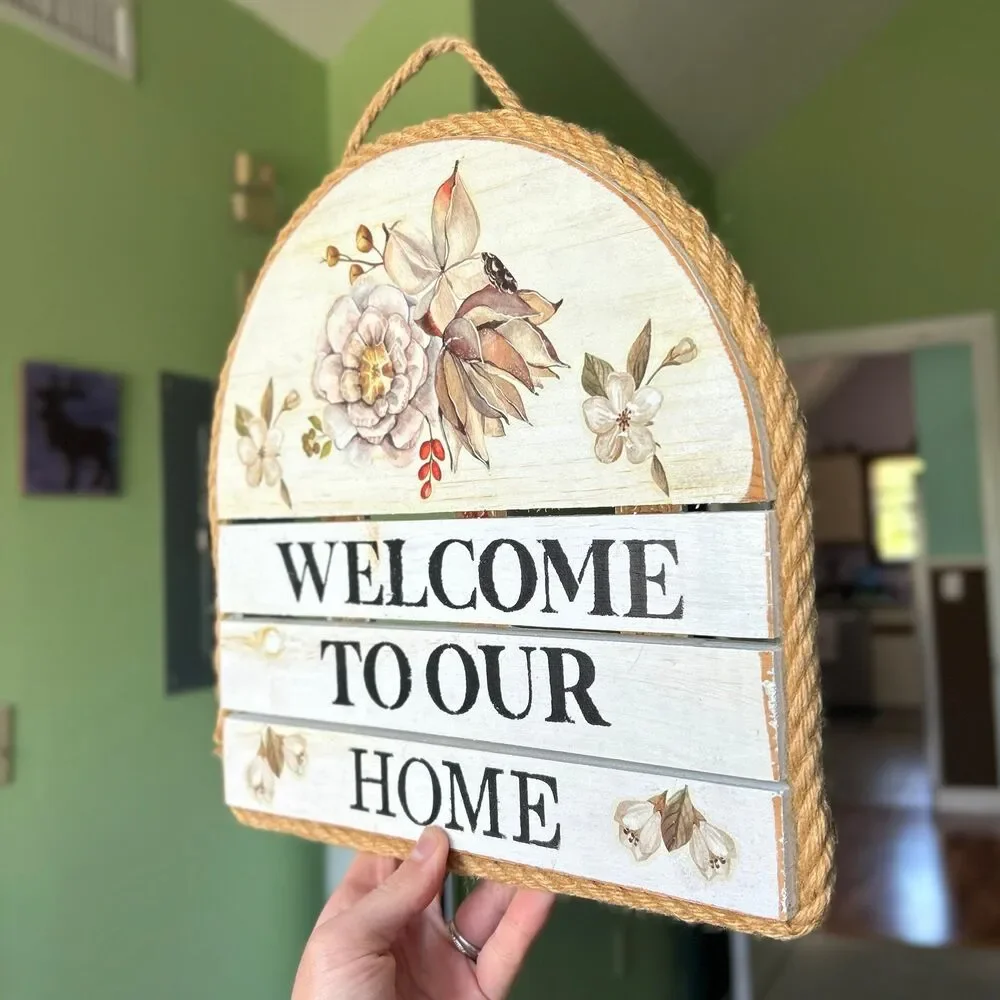 Wood Rustic Cottage Arch Floral Welcome Wall Sign Decor